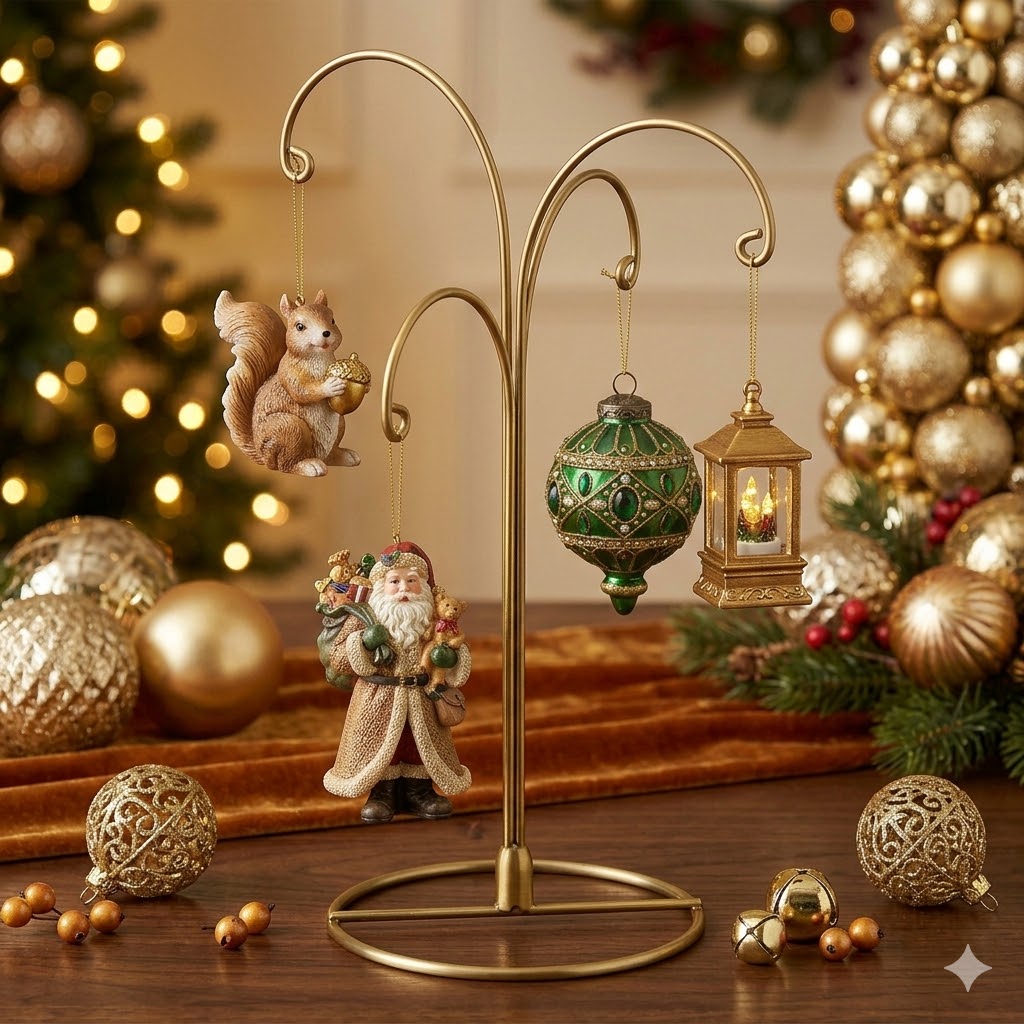 HOHIYA 2 Pack 4-Arm Ornament Display Stand 12 Inch Metal Hanging Holder for 4 Christmas Ornaments Multi-Hook Stand for Glass and Crystal Balls Brass Gold Art Craft Hanger